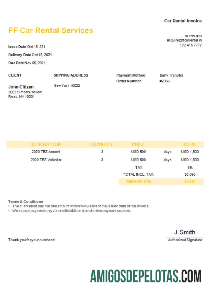 Fatura de serviços de aluguel de automóveis FF nos EUA modelo